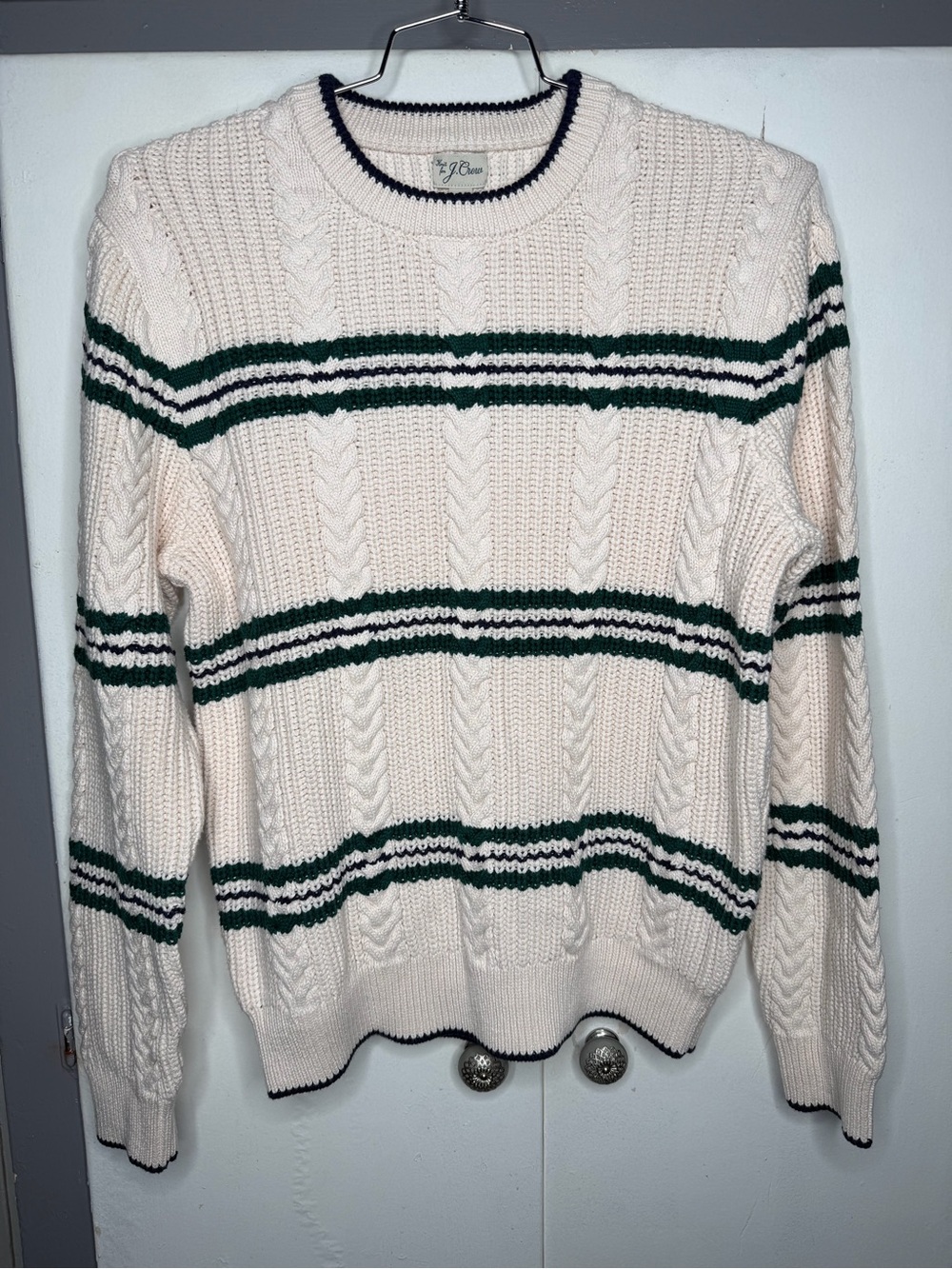 J. Crew Men's Heritage cotton cable-knit sweater stripe green fisherman